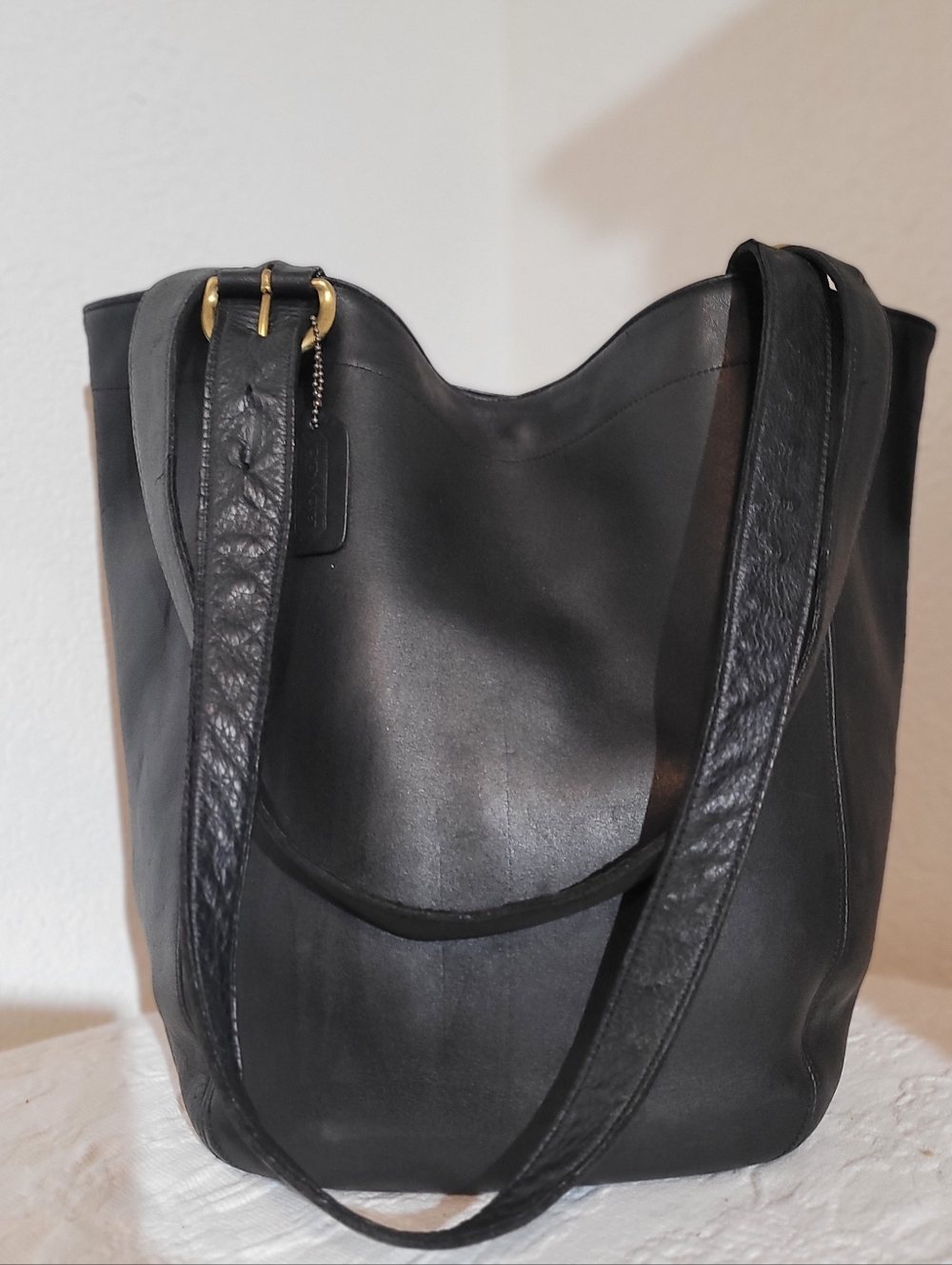 Vintage Coach Black Leather Large Waverly Tote Buckle Adjustable Double Handle - Picture 5 of 14